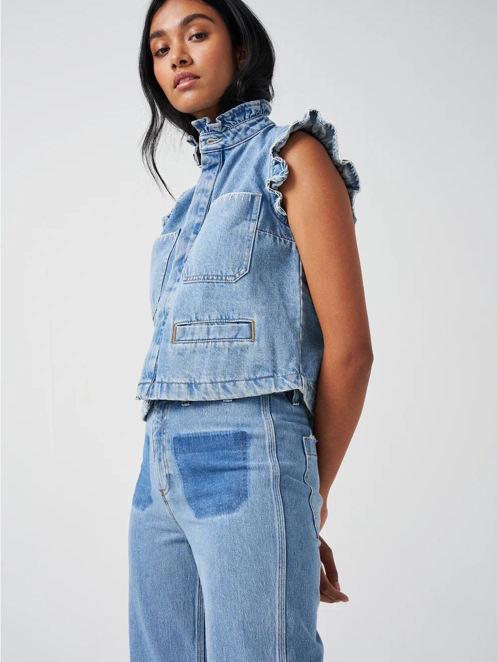 Free People Ruffled Sleeveless Denim Vest in Light Blue - Women - Picture 2 of 7